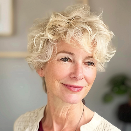 Blonde wavy pixie cut styled for a woman over 60