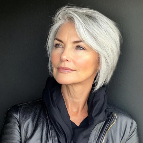 short hairstyle older woman with face-framing silver layers