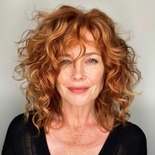 Copper Curly Shag Hairstyle for Women over 60