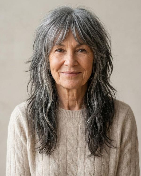 Wash and Wear Older Women Haircut Long Gray Shag Haircut