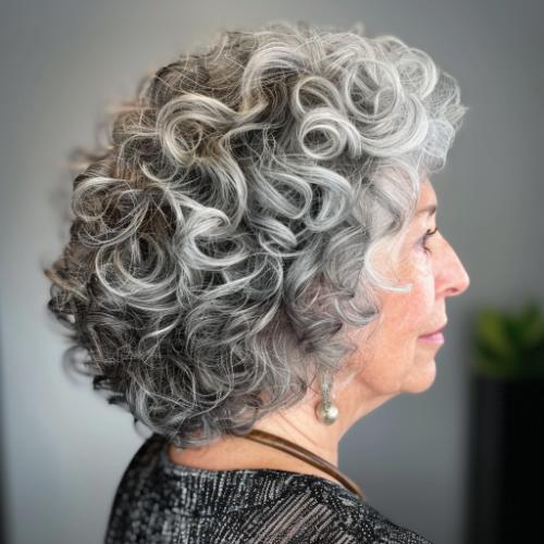 Salt and Pepper Spiral Curly Hairstyle for Women over 60