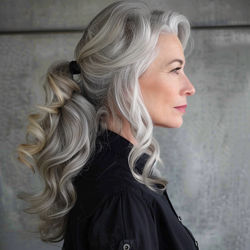 Sleek curly ponytail woman over 50