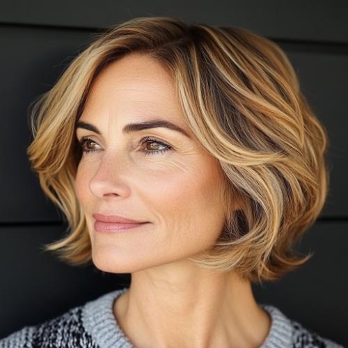 short hair older woman with textured bob and highlights