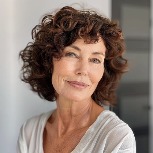 Short Brown Curly Hairstyle Woman Over 50