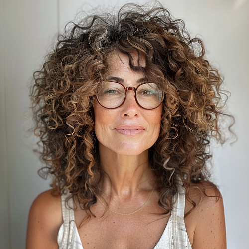 Cocoa-brown curly hairstyle woman over 50