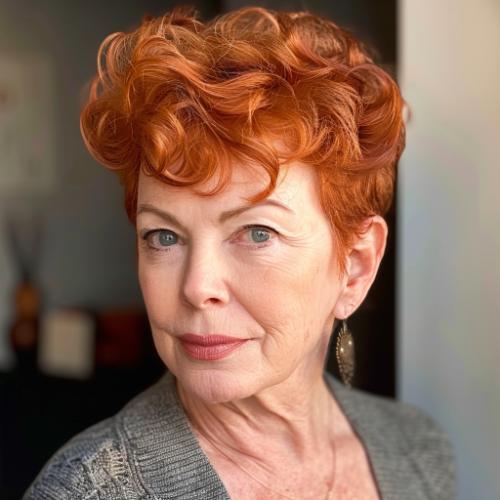 Retro Vintage Big Curly Top Pixie Red Color Older Woman