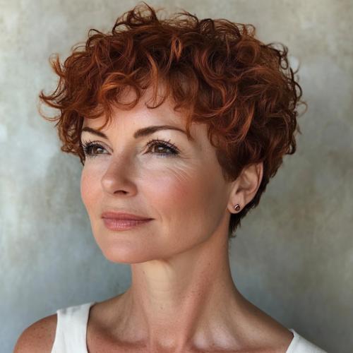 older woman with cropped curly pixie haircut