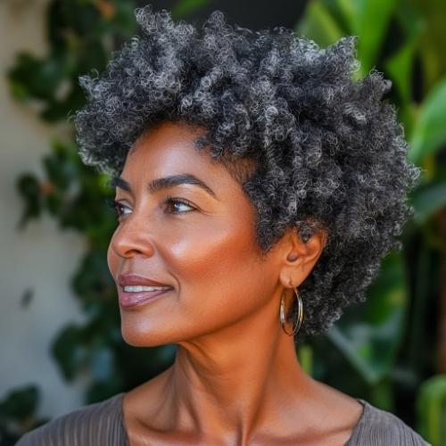 older woman with natural very short afro hairstyle