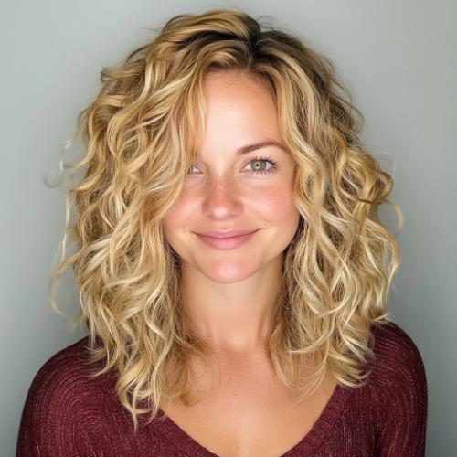 Mid-Length Golden Blonde Layered Curls