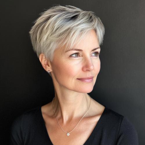 older woman with sleek layered pixie cut