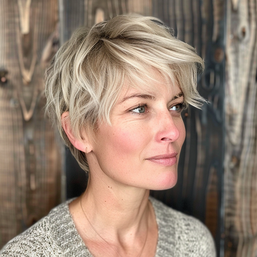 Textured Cropped Pixie with Side Swept Bangs Woman Over 40