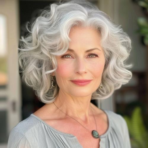 Silver Curly Hairstyle for Women over 60