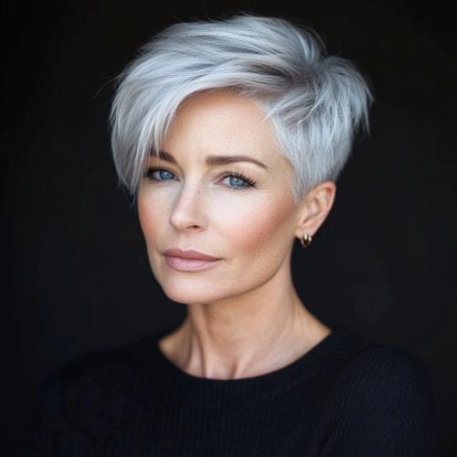 mature woman with silver pixie cut hairstyle