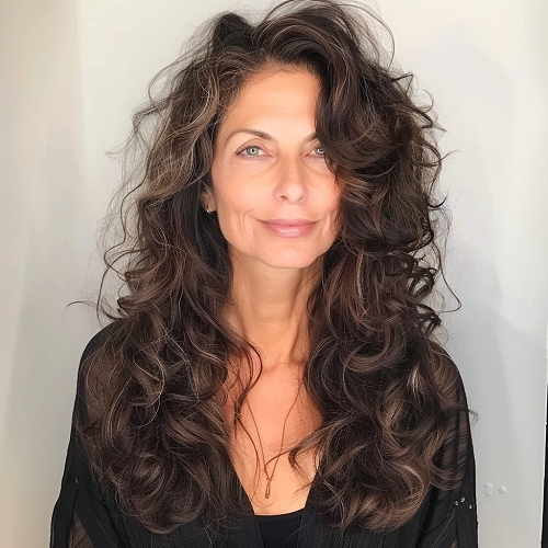 Long brown curls woman over 50