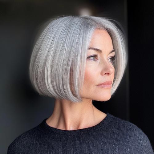 senior woman with sleek silver ear-length bob