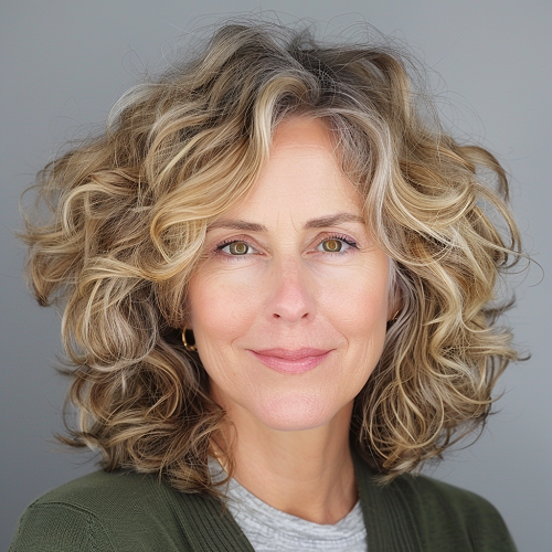 woman over 50 with curly mane