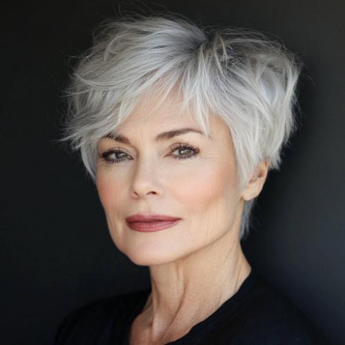 older woman with playful tousled silver pixie cut