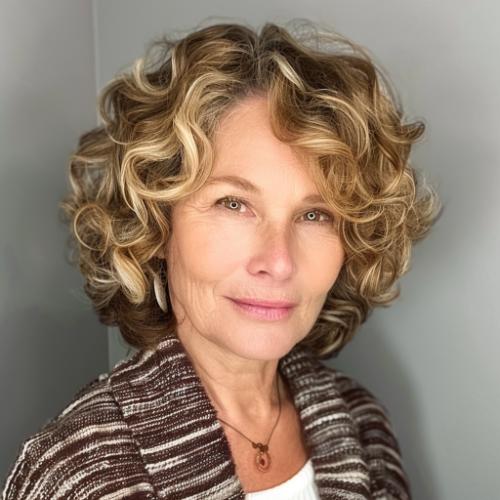 Highlighted Curly Bob Hairstyle for Women over 60