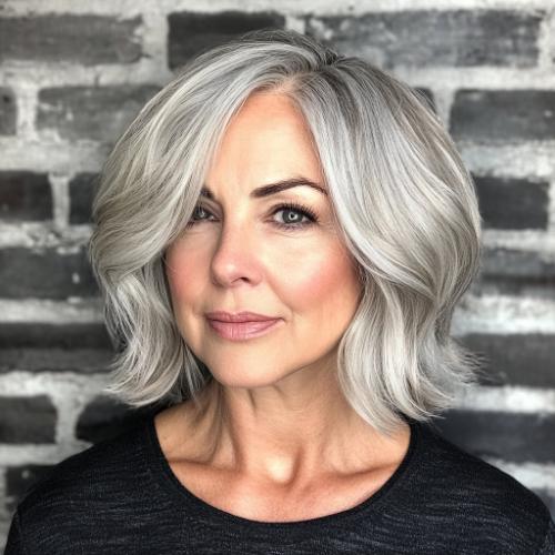 mature woman with wavy silver short bob hairstyle