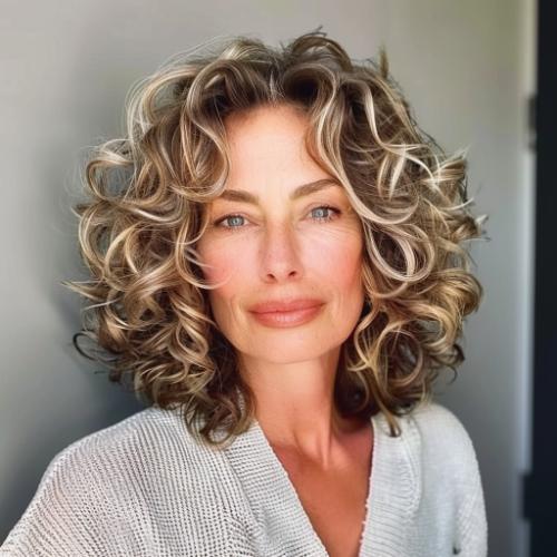 Layered Lob Curly Hairstyle for Women over 60