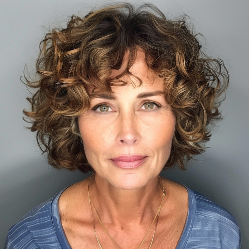 Short curly highlighted crop senior woman