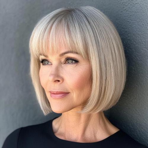 older woman with chin-length bob and bangs