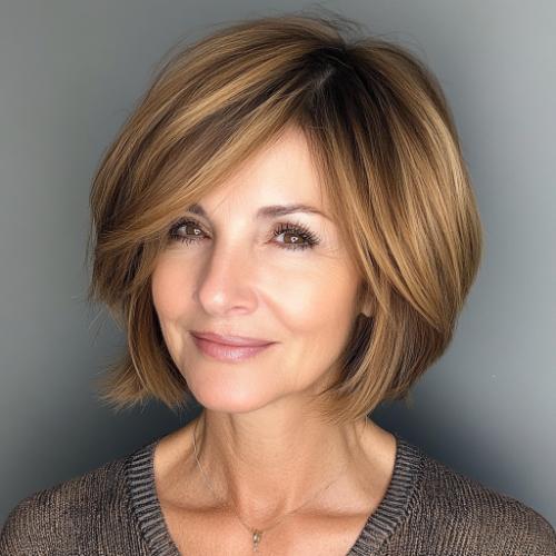 older woman with voluminous rounded bob and side bangs