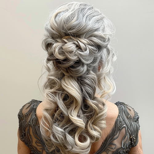 half-up half-down curly twisted hairstyle for women over 50