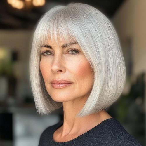 woman with silver bob and delicate bangs