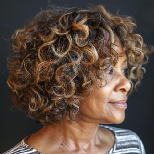 Highlighted Bob Curly Hairstyle for Women over 60