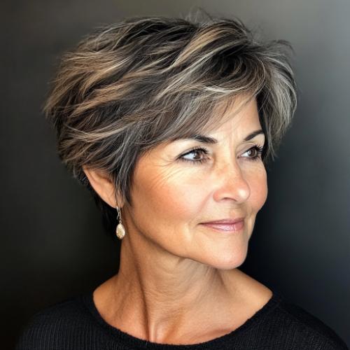 older woman with textured pixie bob and highlights