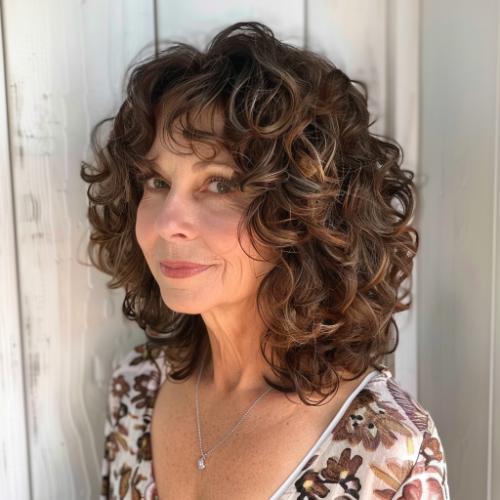 Mid-Length Layered Curly Hairstyle for Women over 60