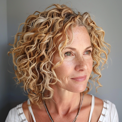 Warm blonde curly hair over 50