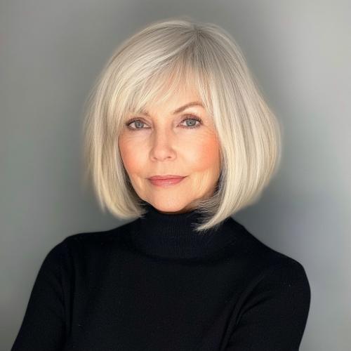 older woman with sleek chin-length bob cut