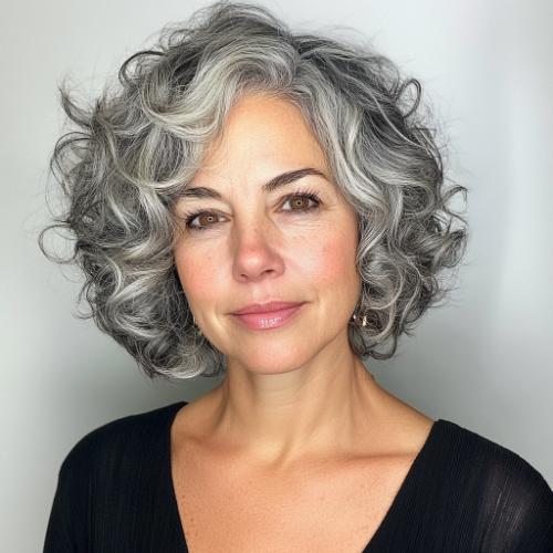 senior woman with curly salt-and-pepper pixie bob