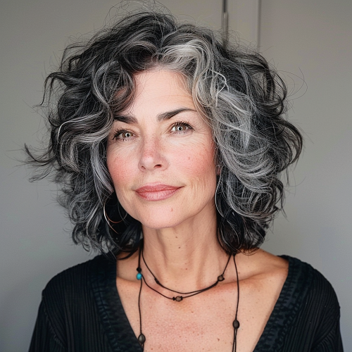 Layered curly hairstyle on a woman over 50