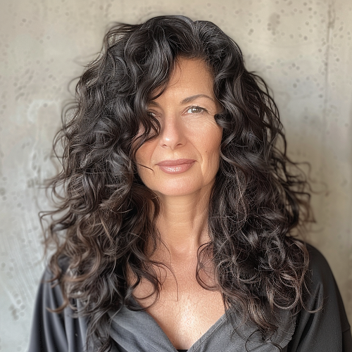 Lon brunette curls with highlights over 50