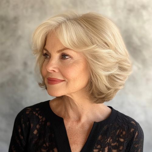 older woman with soft feathered bob haircut