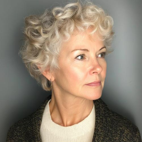 older woman with curly cropped short pixie cut