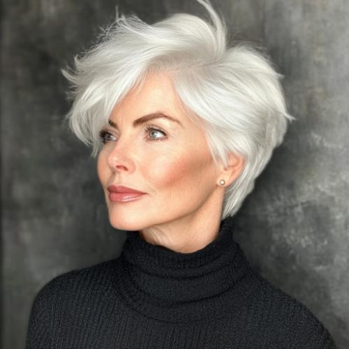 older woman with voluminous silver pixie short cut