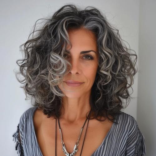 Salt and Pepper Long Bob Curly Hairstyle for Women over 60