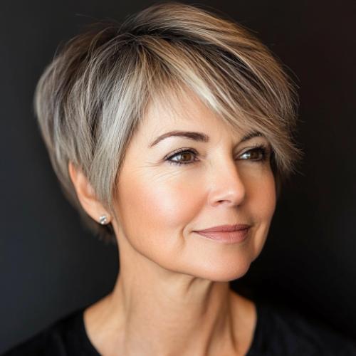 older woman with rounded pixie cut and subtle highlights