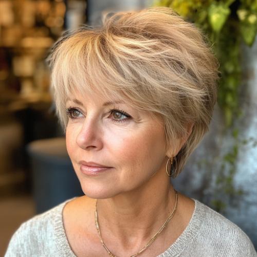 older woman with dynamic voluminous pixie cut