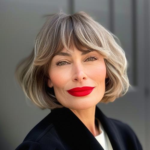 Short French bob on older woman with red lipstick