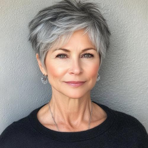 older woman with choppy salt-and-pepper pixie cut