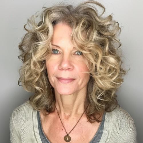 Shoulder-Length Curly Hairstyle for Women over 60