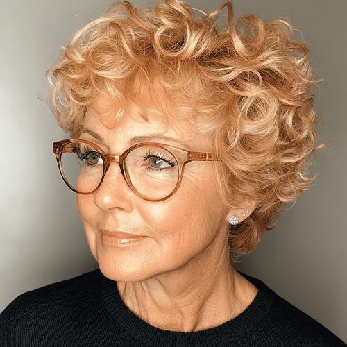 short curly layered hairstyle woman over 70 blonde strawberry hair color