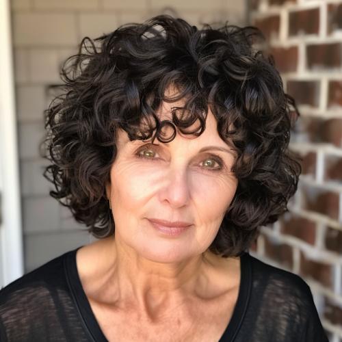 Cropped Curly Bob with Bangs Hairstyle for Women over 60