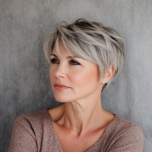 mature woman over 70 with side-swept pixie hairstyle