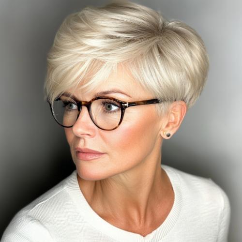 older woman with textured pixie cut and sleek bangs